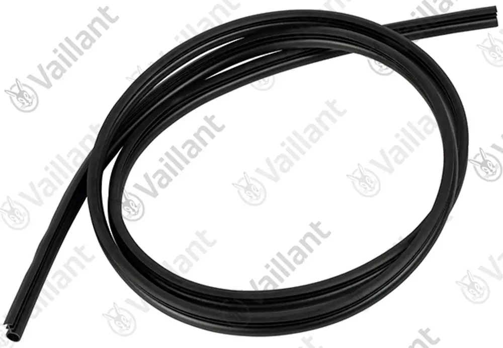 Schwarzes Gummischlauchmaterial, eingeschnürt, geeignet für Dichtungsanwendungen. Marke Vaillant ist sichtbar.